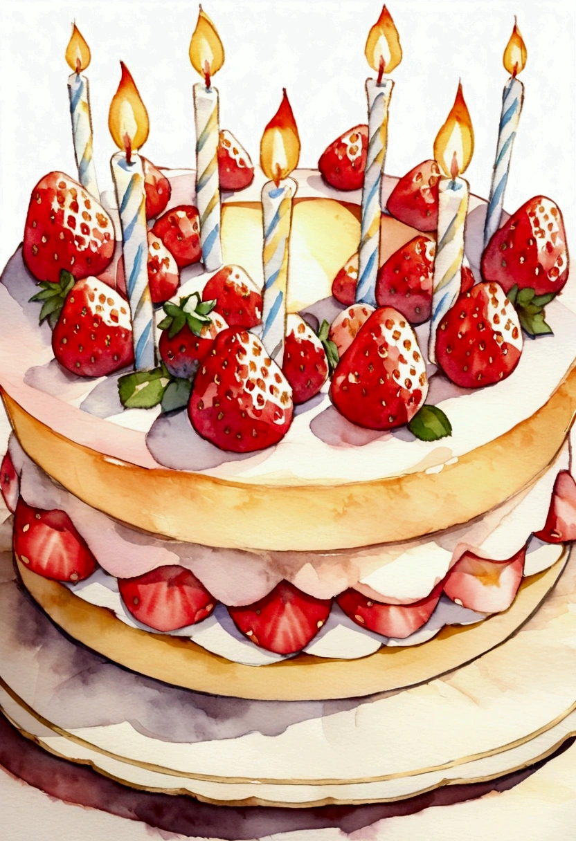 birthday cake　White shortcake whole cake　Candle５Book　There are lots of strawberries on it　絵Book　watercolor