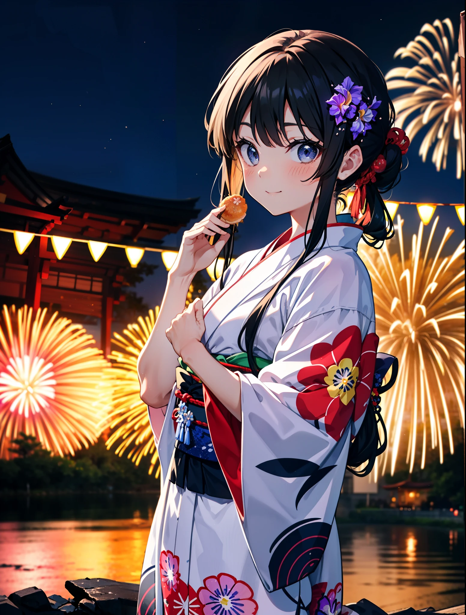 mioakiyama, My Akiyama, Long Hair, bangs, Black Hair, (Iris:1.3), Hime cut,blush,smile,hair tied back,Flower Hair Ornaments,Black yukata,Japanese Festivals,Summer festival food stalls、Red lantern,Fireworks in the night sky,Fireworks,The place is a fireworks display,Time is night,sunny day,whole bodyがイラストに入るように
break outdoors, shrine,
break looking at viewer, whole body,(Cowboy Shot:1.5),
break (masterpiece:1.2), Highest quality, High resolution, unity 8k wallpaper, (figure:0.8), (Beautiful attention to detail:1.6), Highly detailed face, Perfect lighting, Highly detailed CG, (Perfect hands, Perfect Anatomy),