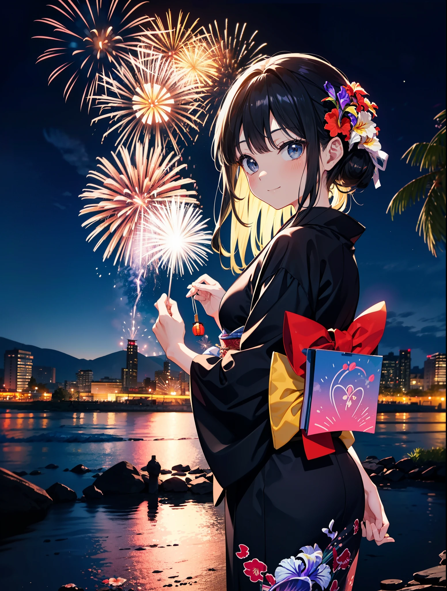 mioakiyama, My Akiyama, Long Hair, bangs, Black Hair, (Iris:1.3), Hime cut,blush,smile,hair tied back,Flower Hair Ornaments,Black yukata,Japanese Festivals，Summer festival food stalls、Red lantern,Fireworks in the night sky,Fireworks,The place is a fireworks display,Time is night,sunny day,whole bodyがイラストに入るように
break outdoors, shrine,
break looking at viewer, whole body,(Cowboy Shot:1.5),
break (masterpiece:1.2), Highest quality, High resolution, unity 8k wallpaper, (figure:0.8), (Beautiful attention to detail:1.6), Highly detailed face, Perfect lighting, Highly detailed CG, (Perfect hands, Perfect Anatomy),