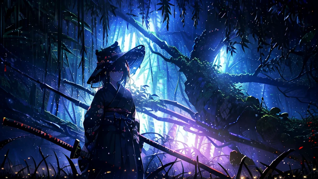 (Best Quality,ultra detailed),dark,wet,artificial raindrops falling,ancient japanese warrior standing in the rain,japanese traditional bamboo hat(fail),dense forest landscape,majestic and serene nature,full moon shining brightly in the night sky,black kimono with fluorescent red stripes that glow in the moonlight,samurai sword sharpened and drawn(katana), glitch effect