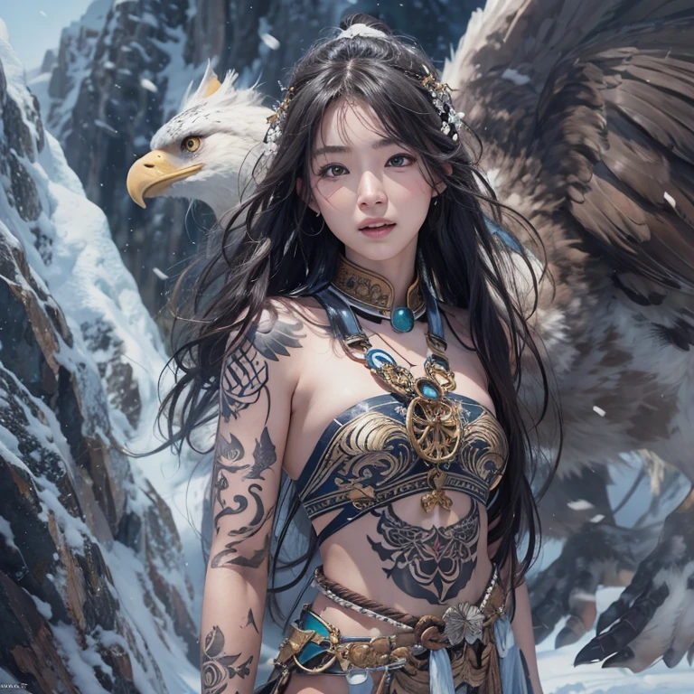Hiding in the snowy mountains、Hair Flow、 ((Highest quality、masterpiece、8k、Best image quality、Ultra-high resolution、Award-winning works)、(Accurate anatomy:1.1)、(Look at me and smile:1.1)、Shining fair skin with Ultra-high resolution、The most detailed face、Ultra-high resolution detailed face、Ultra-high resolutionの髪の毛、(Ultra-high resolutionの煌めく瞳:1.1)、Beautiful face drawn in every detail、(Blurred Background:1.1)、Ancient Inuit clothing, Chest to chest, tattoo, Old ruins in the background、Apart from the real giant eagle