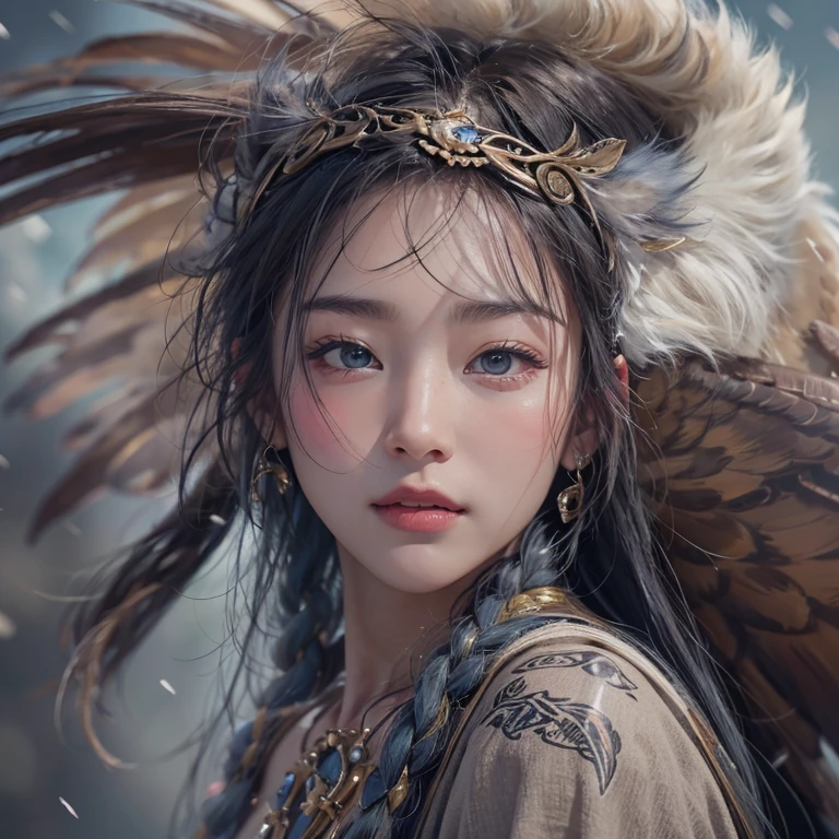 Hiding in the snowy mountains、Hair Flow、 ((Highest quality、masterpiece、8k、Best image quality、Ultra-high resolution、Award-winning works)、(Accurate anatomy:1.1)、(Look at me and smile:1.1)、Shining fair skin with Ultra-high resolution、The most detailed face、Ultra-high resolution detailed face、Ultra-high resolutionの髪の毛、(Ultra-high resolutionの煌めく瞳:1.1)、Beautiful face drawn in every detail、(Blurred Background:1.1)、Ancient Inuit clothing, Chest to chest, tattoo, Old ruins in the background、Apart from the real giant eagle