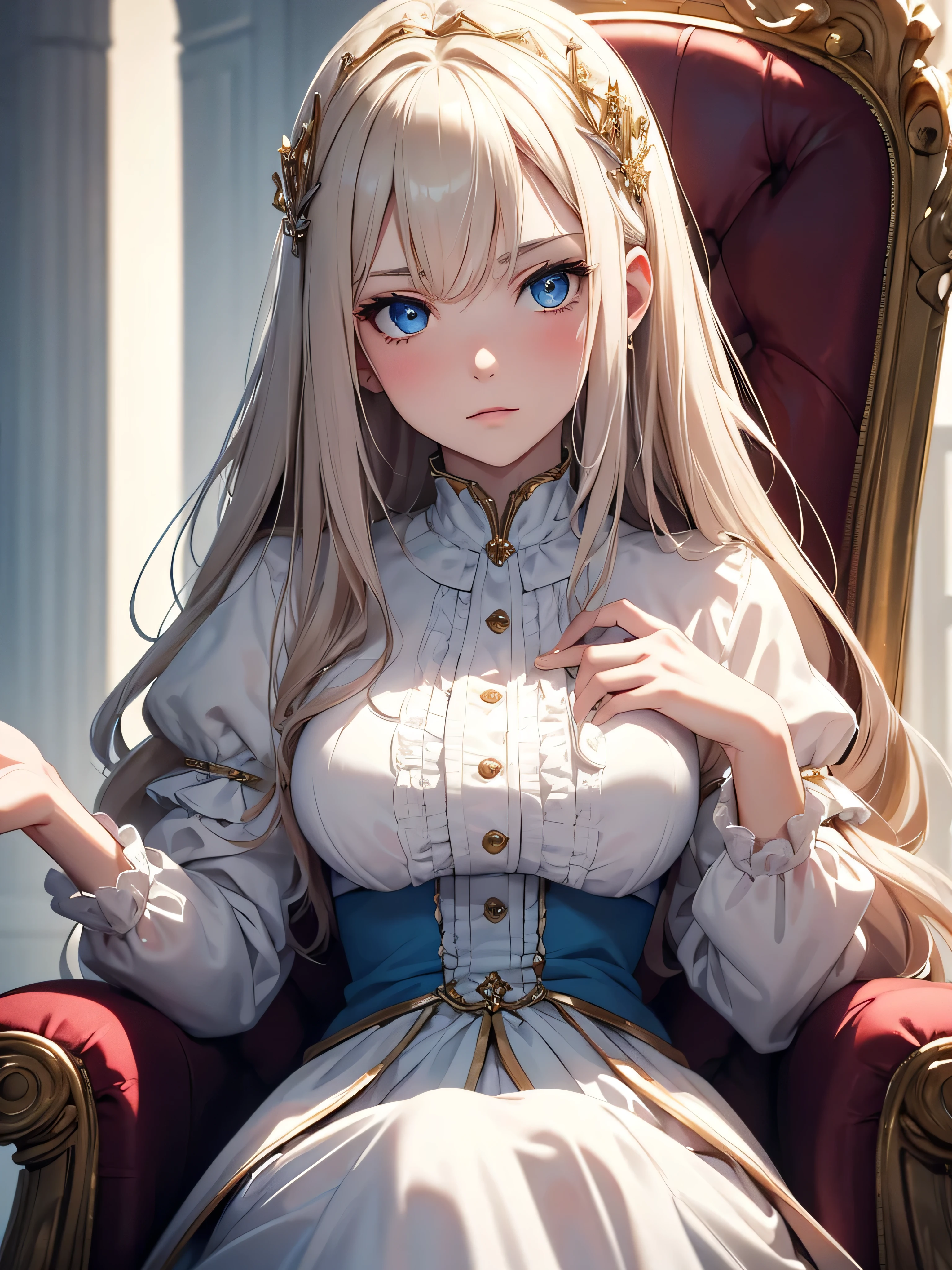 (8K, Best Quality, Masterpiece, Ultra High Resolution) Single Person, 1 Woman, Cute Eyes, Face Details, Pale Skin, Slender, Blush, Light Brunette Hair, Long Hair, Blue Eyes, Royal Clothing, Sitting on Throne, Castle, Best Quality, Upper Body, Looking at the Viewer, Facing Viewer, Close Up