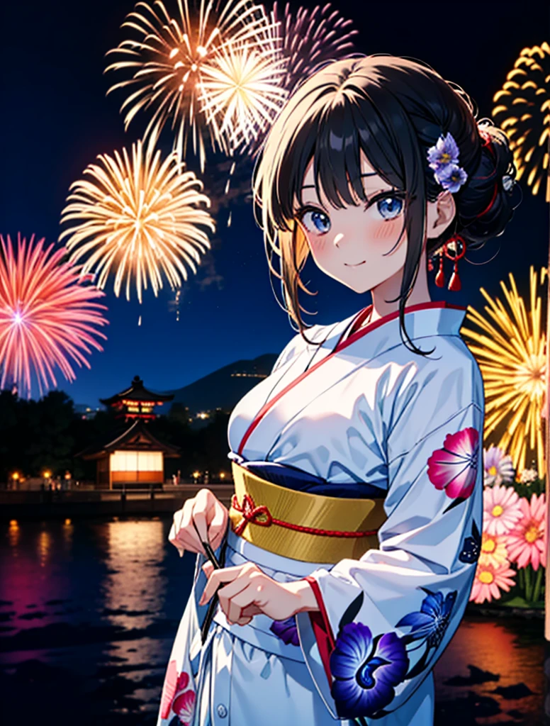 mioakiyama, My Akiyama, Long Hair, bangs, Black Hair, (Iris:1.3), Hime cut,blush,smile,hair tied back,Flower Hair Ornaments,Black yukata,Japanese Festivals，Summer festival food stalls、Red lantern,Fireworks in the night sky,Fireworks,The place is a fireworks display,Time is night,sunny day,whole bodyがイラストに入るように
break outdoors, shrine,
break looking at viewer, whole body,(Cowboy Shot:1.5),
break (masterpiece:1.2), Highest quality, High resolution, unity 8k wallpaper, (figure:0.8), (Beautiful attention to detail:1.6), Highly detailed face, Perfect lighting, Highly detailed CG, (Perfect hands, Perfect Anatomy),