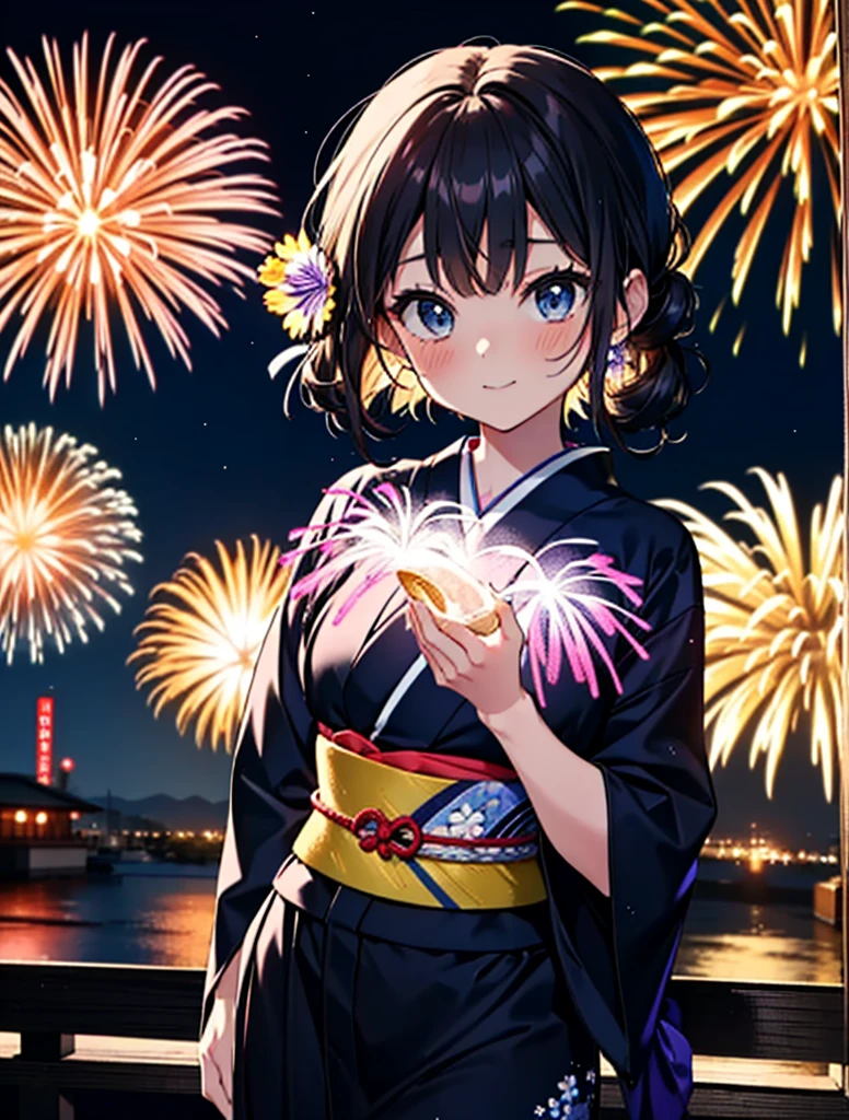 mioakiyama, My Akiyama, Long Hair, bangs, Black Hair, (Iris:1.3), Hime cut,blush,smile,hair tied back,Flower Hair Ornaments,Black yukata,Japanese Festivals，Summer festival food stalls、Red lantern,Fireworks in the night sky,Fireworks,The place is a fireworks display,Time is night,sunny day,whole bodyがイラストに入るように
break outdoors, shrine,
break looking at viewer, whole body,(Cowboy Shot:1.5),
break (masterpiece:1.2), Highest quality, High resolution, unity 8k wallpaper, (figure:0.8), (Beautiful attention to detail:1.6), Highly detailed face, Perfect lighting, Highly detailed CG, (Perfect hands, Perfect Anatomy),