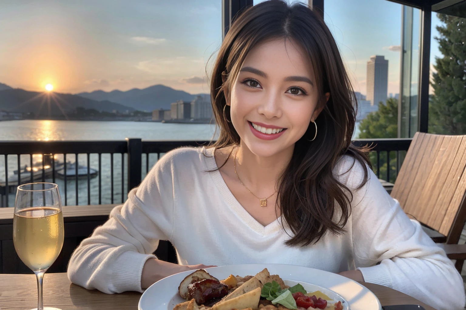 （Realistic:1.1）,(masterpiece,Highest quality)，8k,(49 years old), 47 years old, slimカップル、Tight waist,Upper Body,full-course dinner、wine 、Amazing view of the sunset sky and clouds、Perfect Anatomy, Brown Hair, short hair,Random Hairstyles,((Highly detailed face and eyes:1.2))，Perfect golden ratio face，Long sleeve shirt、dress,(smile:1.2)、Shortcuts、cute、(Realistic, Intricate details:1.2), A bright smile、short hair,Bright Face、赤wine 、Appetizers、Italian food、wine bottle、Champagne、スパークリングwine、(slimな顔), (The body is slim), (Brown Hair), (Shortcuts),  Upper Body, 白wine, slim, wineグラス, 