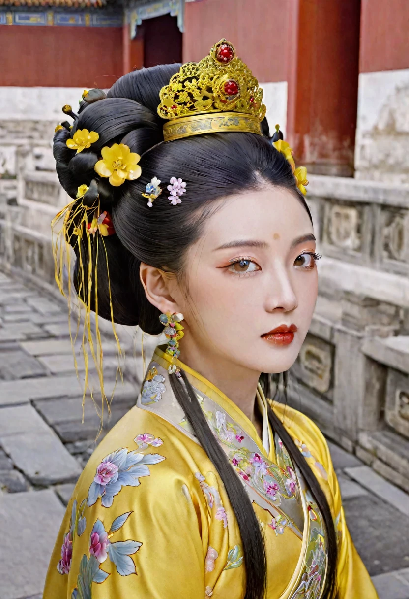 The Empress's large breasts, hairy body, and pubic hair are visible in the nude, without underwear.、
Her hair is tied up and pulled up with a gorgeous flower ornament on both sides.、The background of the crowning of the Qing Dynasty empress is the stone paving outside the palace of the Qing Dynasty China.