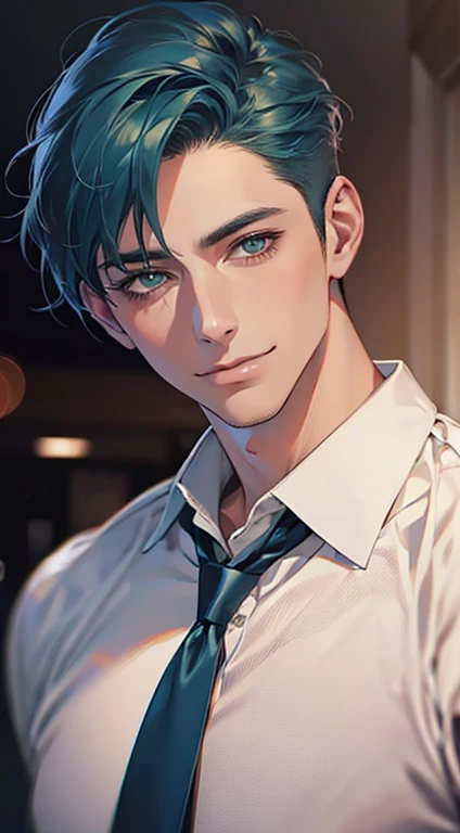 (Highest quality,4K,8K,High resolution,masterpiece:1.2),Super detailed,(Realistic,photoRealistic,photo-Realistic:1.37),1 person,34 years old,Mature Men,Beautiful skin、very handsome,Expressionless smile in love,Short blue hair,green eyes,Sharp Eyes,A perfect face without a doubt,Businessman, CEO, Office Background,Cinema Lighting,HDR image,tie、