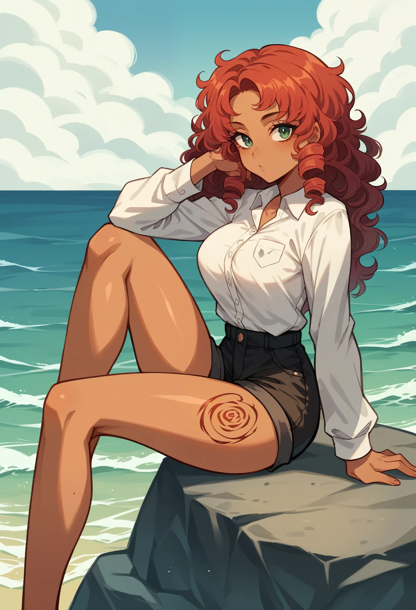 The clearest and most detailed drawing, young slender tall girl. She has tanned skin, red curly hair, Long legs, big bust, she smiles and waves her hand, The mouth is slightly open, Aries zodiac sign tattoo on thigh, wearing black short shorts and a white long sleeve shirt, she sits on a rock by the sea