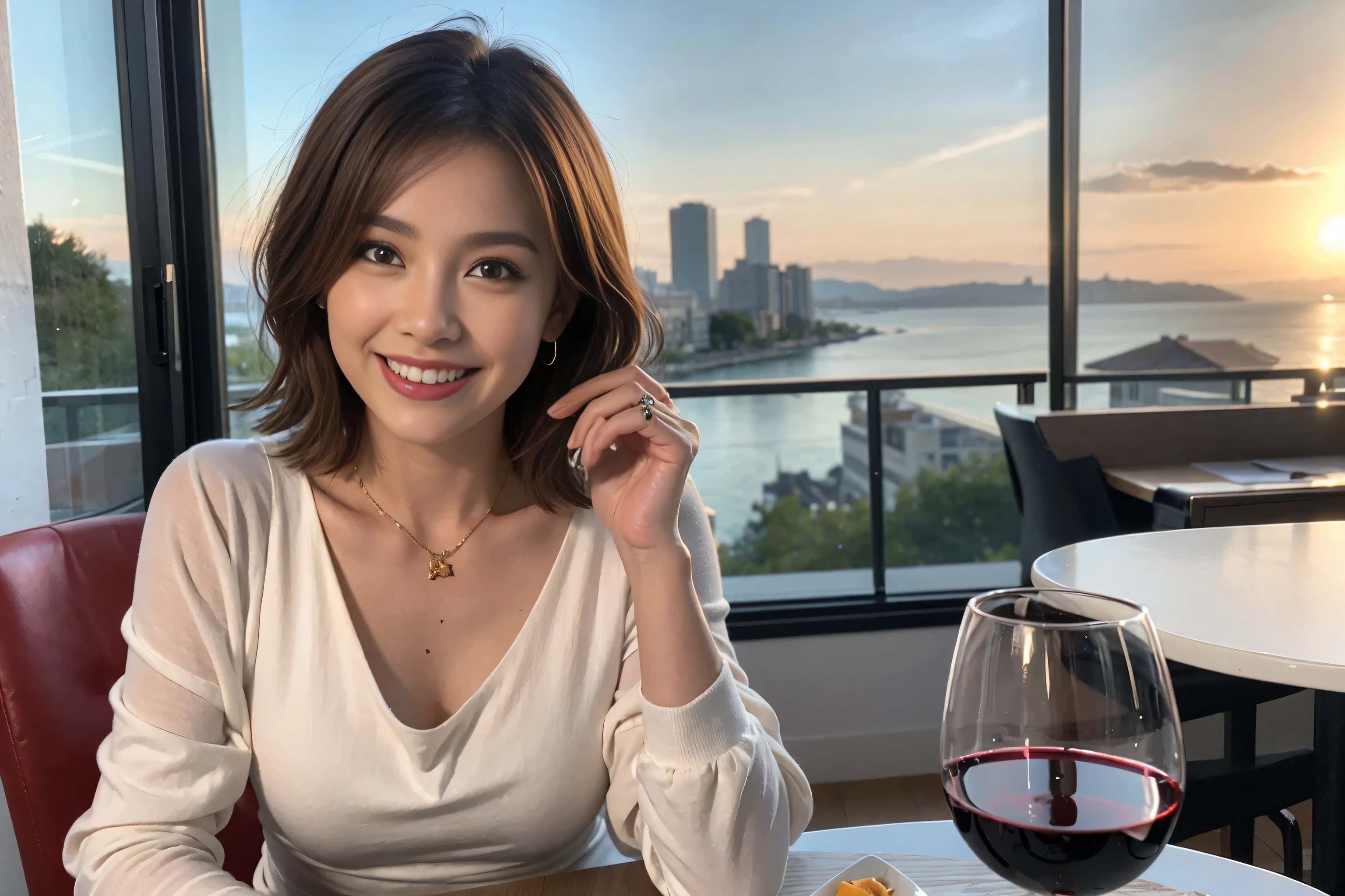 （Realistic:1.1）,(masterpiece,Highest quality)，8k,(49 years old), 52 years old, slimカップル、actress/actor、Tight waist,Upper Body,full-course dinner、wine 、Amazing view of the sunset sky and clouds、Perfect Anatomy, Brown Hair, short hair,Random Hairstyles,((Highly detailed face and eyes:1.2))，Perfect golden ratio face，Long sleeve shirt、dress,(smile:1.2)、Shortcuts、cute、(Realistic, Intricate details:1.2), A bright smile、short hair,Bright Face、赤wine 、Appetizers、Italian food、wine bottle、Champagne、スパークリングwine、(slimな顔), (The body is slim), (Brown Hair), (Shortcuts),  Upper Body, 白wine, slim, wineグラス, 