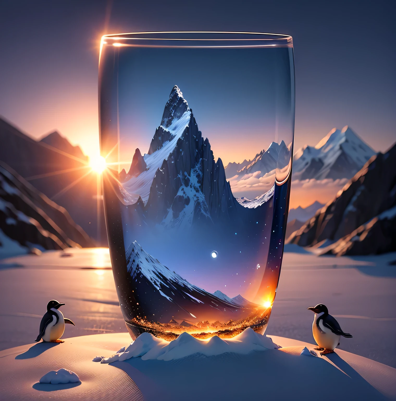 Change this glass background, sun rise, moon rise, ice hill, mountains, penguins, 8k 