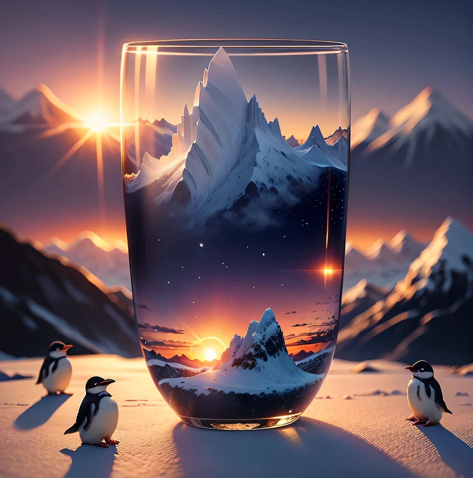 Change this glass background, sun rise, moon rise, ice hill, mountains, penguins, 8k