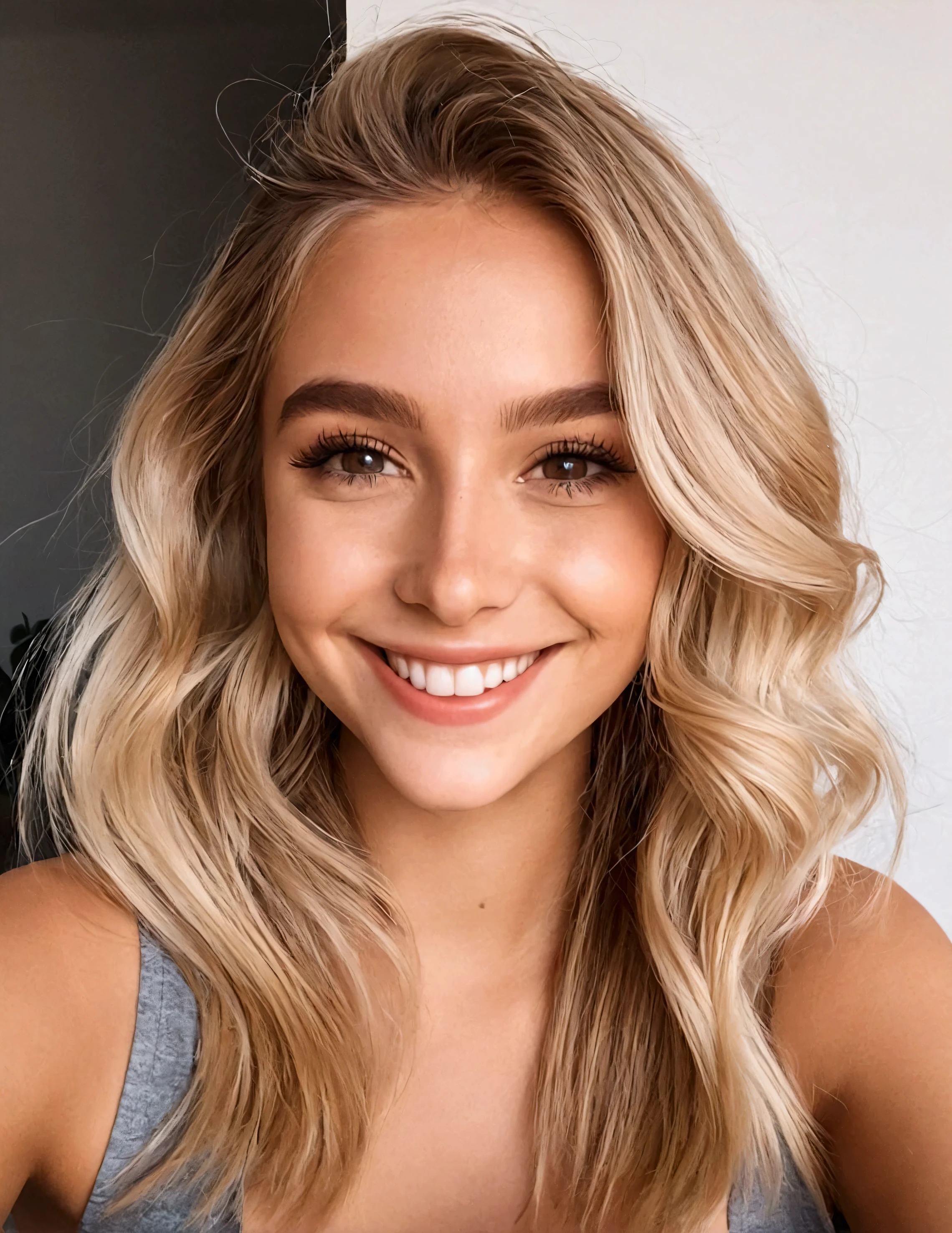 A 25-year-old smiling Instagram influencer girl, light hair