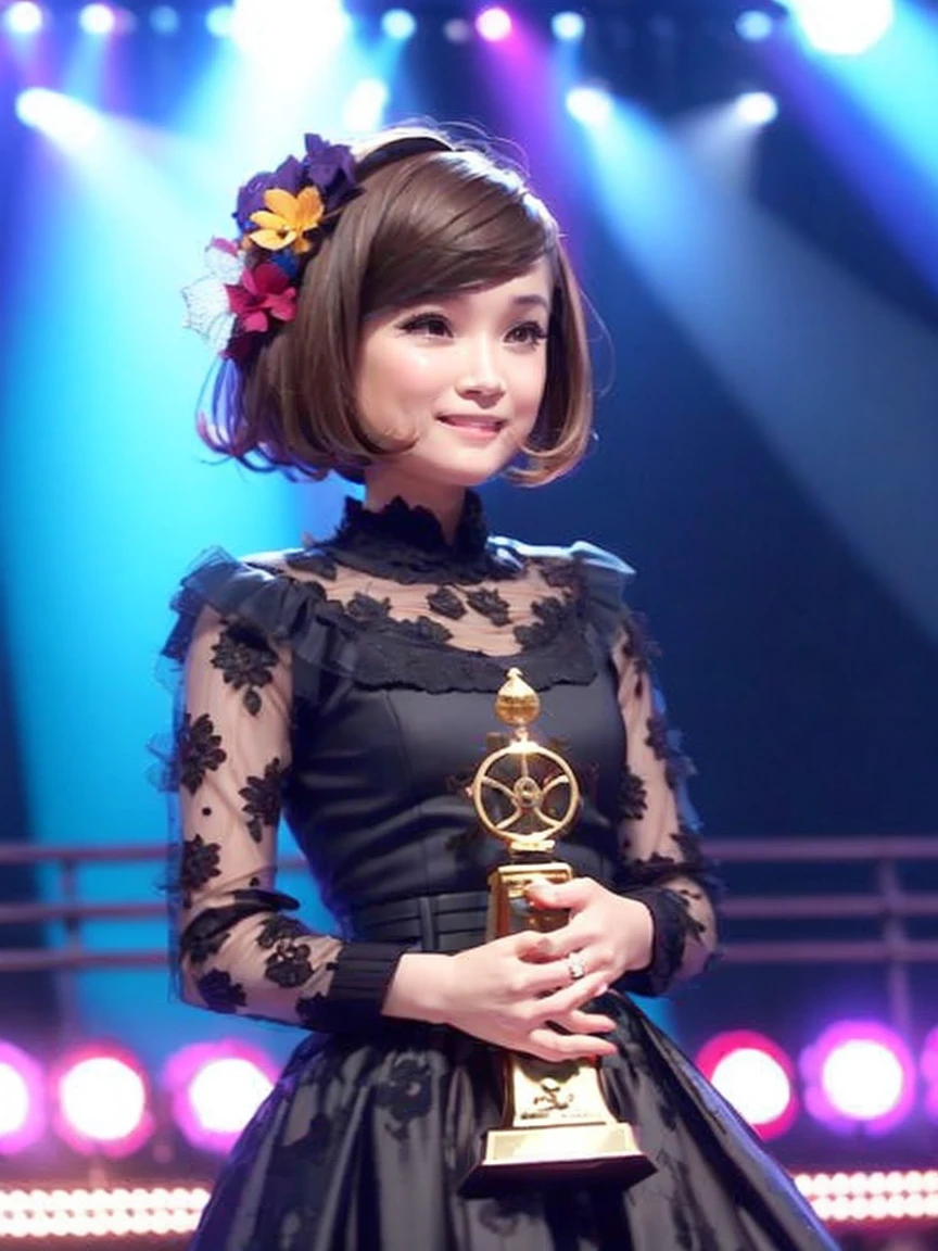 Award-Winning Moment, girl, solo, Bobcut, music, Award, stage, Trophy, illumination, The spectators cheer, Acceptance speech, Stylish outfit, Tears of joy