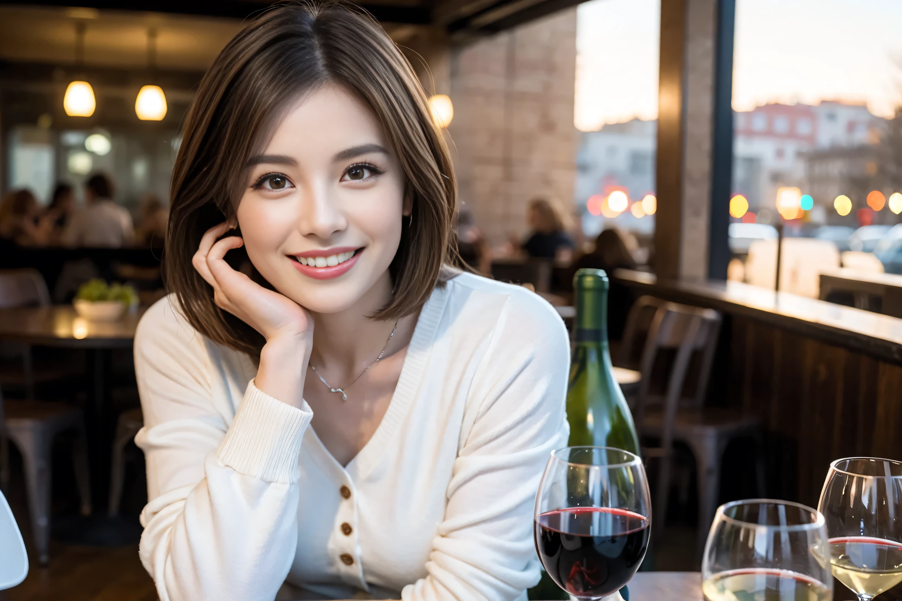 （Realistic:1.1）,(masterpiece,Highest quality)，8k,(49 years old), 50 years old, slimカップル、Tight waist,Upper Body,full-course dinner、wine 、Amazing view of the sunset sky and clouds、Perfect Anatomy, Brown Hair, short hair,Random Hairstyles,((Highly detailed face and eyes:1.2))，Perfect golden ratio face，Long sleeve shirt、dress,(smile:1.2)、Shortcuts、cute、(Realistic, Intricate details:1.2), A bright smile、short hair,Bright Face、赤wine 、Appetizers、Italian food、wine bottle、Champagne、スパークリングwine、(slimな顔), (The body is slim), (Brown Hair), (Shortcuts),  Upper Body, 白wine, slim, wineグラス, 