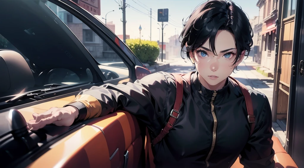 1 handsome boy driving car chasing another car and passes very fast, male, third person view, splash art, 8k, ridiculous resolution