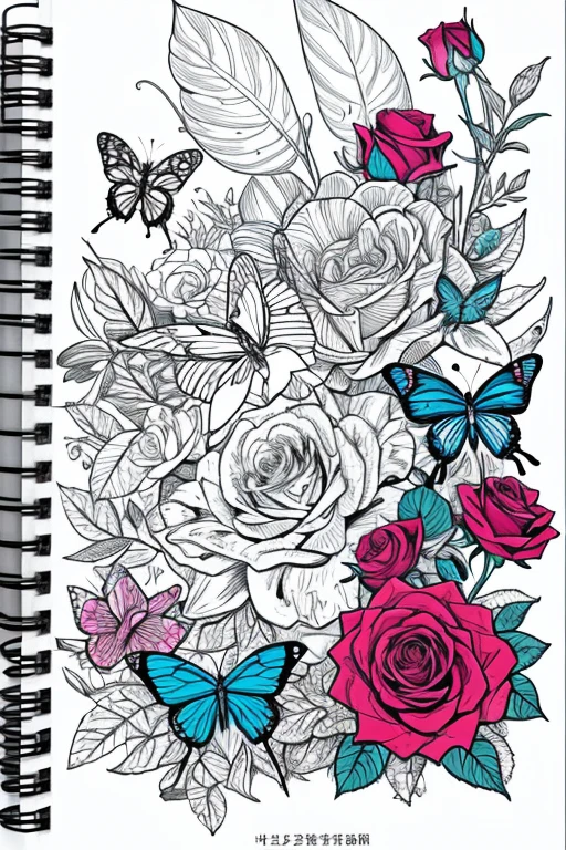 Roses and butterflies、Coloring book、An illustration