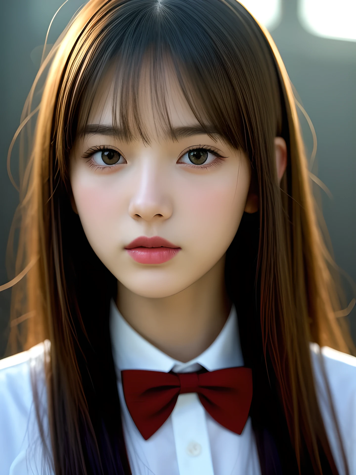1 girl, a stunningly beautiful 20-year-old woman, close-up of her face, sweat dripping all over her face, scorching sun, piercing rays, bottled water, drinking it down her throat, Medium Hair, glamorous figure, busty, wearing a white collared shirt of long sleeves, plain Dark red bow tie, hyper cute face, glossy lips, double eyelids in both eyes, natural, long eyelashes, shiny smooth light brown hair, asymmetrical bangs, fair skin, central image, high resolution, high detail, detailed hairstyle, detailed face, high school, old wooden school building, classroom, spectacular cinematic lighting, octane rendering, vibrant, hyper realistic, perfect limbs, perfect anatomy,