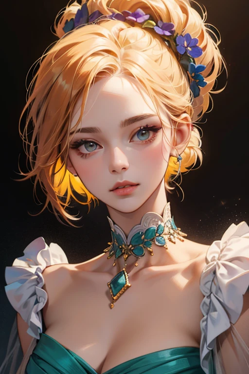 bright coloured, sharp focus, fine-details, oil painting, studio lighting, graceful pose, detailed lips, fashionable hairstyle, Dreamy background