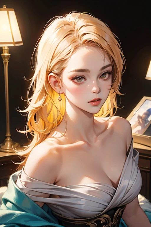 bright coloured, sharp focus, fine-details, oil painting, studio lighting, graceful pose, detailed lips, fashionable hairstyle, Dreamy background