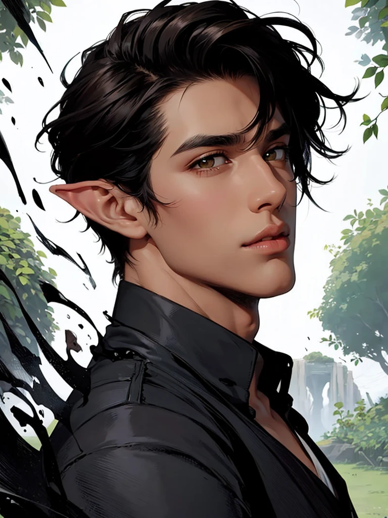 A noble young adult man; very long face, voluminous mouth, marked and long jaw and chin, sharp eyes and yellow irises, arched eyebrows, straight and pointed nose, skin black, medium length brown curly hair 1 noble young adult male; long face, voluminous mouth, long, defined jaw and chin, sharp yellow eyes, arched eyebrows, straight, pointed nose, dark skin, silky brown hair bob-leigh