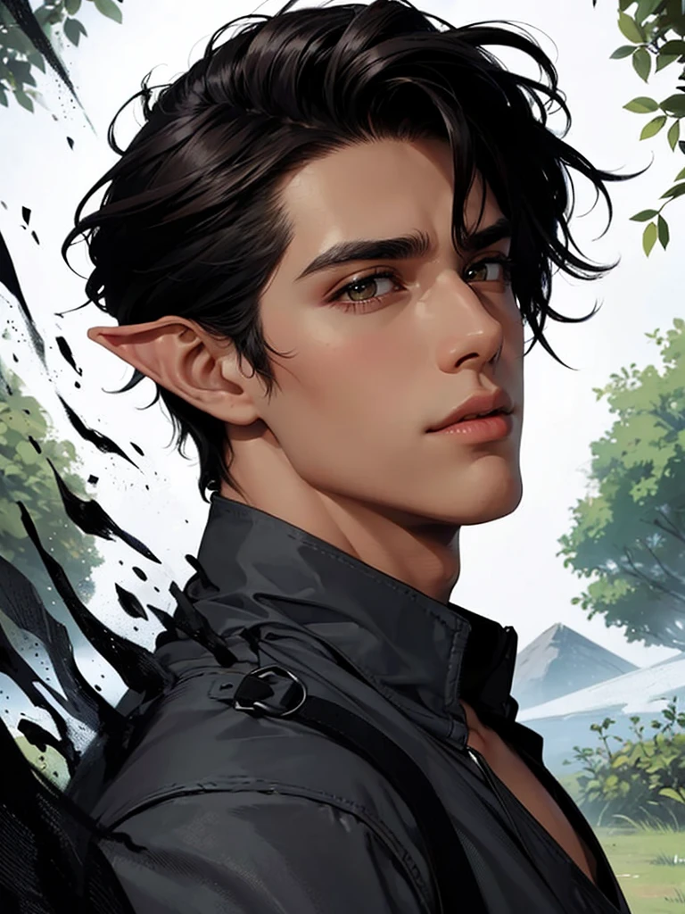 A noble young adult man; very long face, voluminous mouth, marked and long jaw and chin, sharp eyes and yellow irises, arched eyebrows, straight and pointed nose, skin black, medium length brown curly hair 1 noble young adult male; long face, voluminous mouth, long, defined jaw and chin, sharp yellow eyes, arched eyebrows, straight, pointed nose, dark skin, silky brown hair bob-leigh
