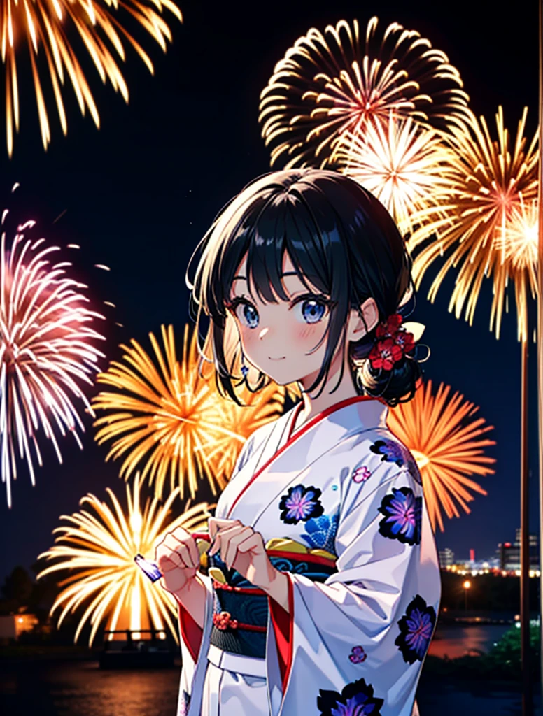 mioakiyama, My Akiyama, Long Hair, bangs, Black Hair, (Iris:1.3), Hime cut,blush,smile,hair tied back,Flower Hair Ornaments,Black yukata,Japanese Festivals，Summer festival food stalls、Red lantern,Fireworks in the night sky,Fireworks,The place is a fireworks display,Time is night,sunny day,whole bodyがイラストに入るように
break outdoors, shrine,
break looking at viewer, whole body,(Cowboy Shot:1.5),
break (masterpiece:1.2), Highest quality, High resolution, unity 8k wallpaper, (figure:0.8), (Beautiful attention to detail:1.6), Highly detailed face, Perfect lighting, Highly detailed CG, (Perfect hands, Perfect Anatomy),