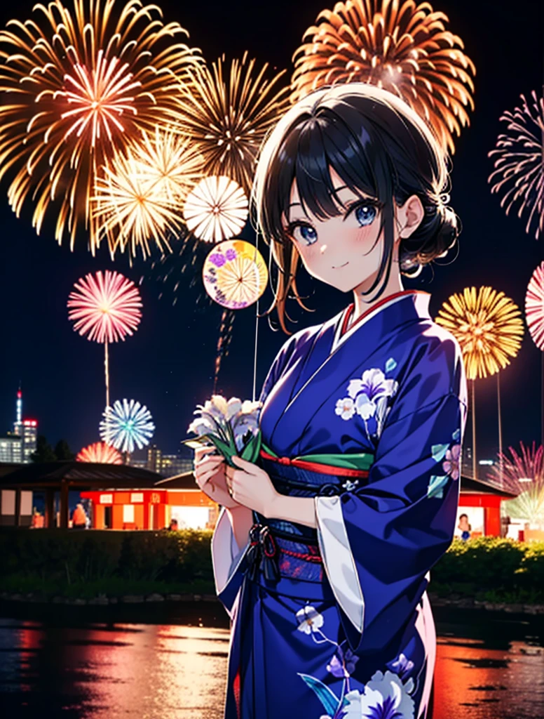 mioakiyama, My Akiyama, Long Hair, bangs, Black Hair, (Iris:1.3), Hime cut,blush,smile,hair tied back,Flower Hair Ornaments,Black yukata,Japanese Festivals，Summer festival food stalls、Red lantern,Fireworks in the night sky,Fireworks,The place is a fireworks display,Time is night,sunny day,whole bodyがイラストに入るように
break outdoors, shrine,
break looking at viewer, whole body,(Cowboy Shot:1.5),
break (masterpiece:1.2), Highest quality, High resolution, unity 8k wallpaper, (figure:0.8), (Beautiful attention to detail:1.6), Highly detailed face, Perfect lighting, Highly detailed CG, (Perfect hands, Perfect Anatomy),