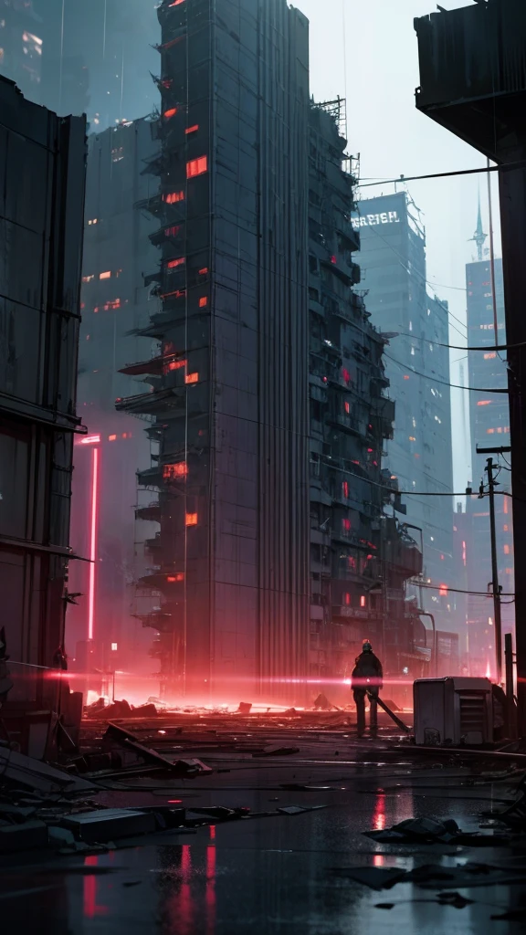 ultra detailed, intricate details, BREAK,  war, battlefield, street, city, cyberpunk, scifi, neon, ruined buildings, destroyed buildings, ruins, explosions, night, raining, 