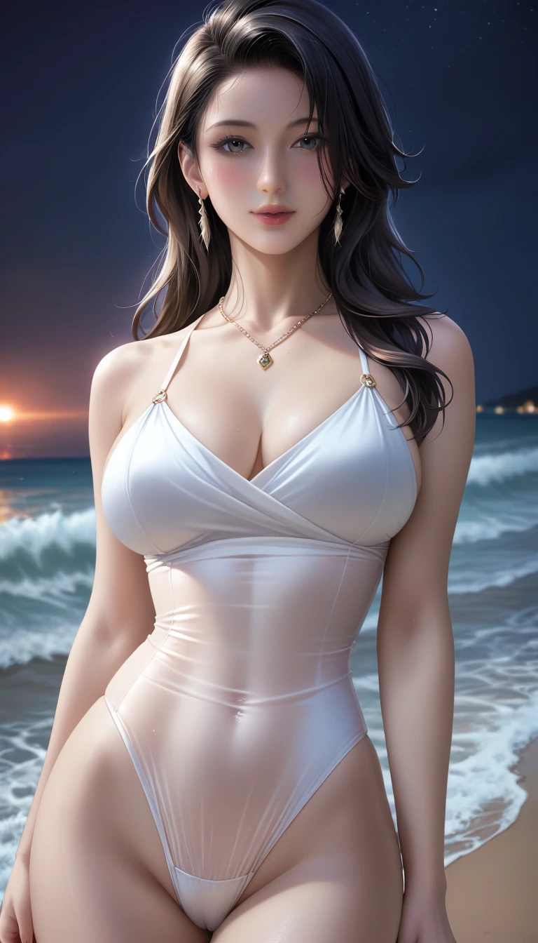 score_9, score_8_superior, score_7_superior, Masterpieces with up to 16K resolution,Highest quality,it is really amazing,Very detailed,Ultra-high resolution,(Ultra-realistic:1.1),(Realistic:1.1),Increased depth of field,Cinematic lighting,
Elegant Japanese MILF,
Long black hair,Ultra-detailed and beautiful faces,Translucent white skin,Very detailedな肌,
(Elegant white swimsuit:1.1),
Bold design,Artistic design,Beautiful and detailed pattern,Detailed fabric texture,
Gorgeous necklace,Earrings,
(Bali Beach:1.1),(Dark beach at night:1.1),(Deserted beach:1.1),(A pitch black night sky with dark clouds:1.1),
(Cinematic Angle:1.1),