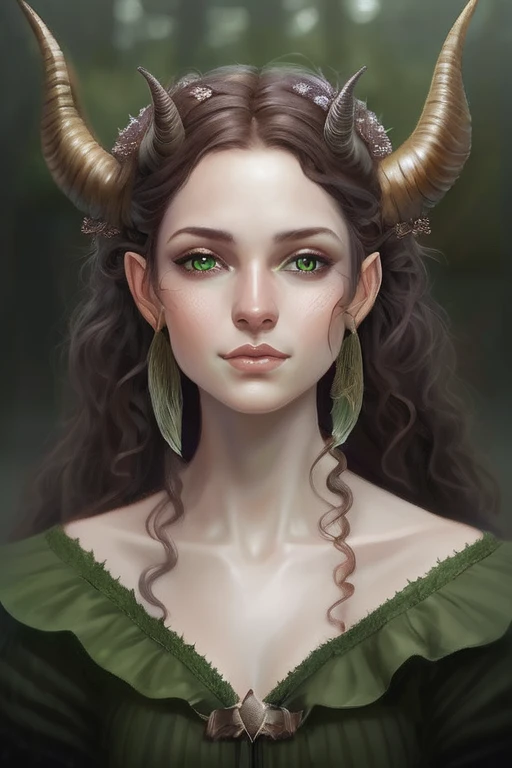 Young adult girl, tanned skin, full mouth, long curly hair, pointed elf ears, green eyes and two small horns 