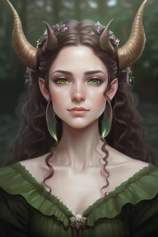 Young adult girl, tanned skin, full mouth, long curly hair, pointed elf ears, green eyes and two small horns