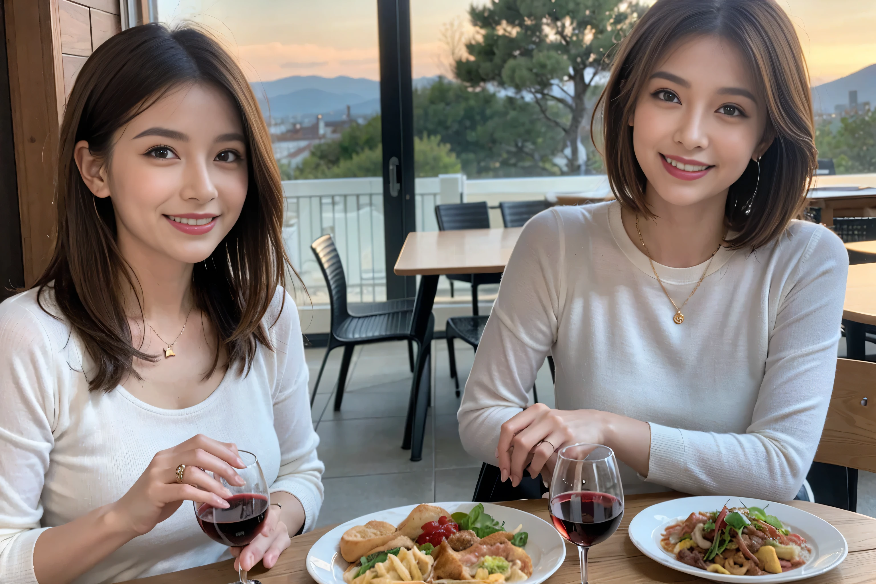 (Realistic:1.1),(masterpiece,Highest quality),8k,(49 years old), 53 years old, slimカップル、Tight waist,Upper Body,full-course dinner、wine 、Amazing view of the sunset sky and clouds、Perfect Anatomy, Brown Hair, short hair,Random Hairstyles,((Highly detailed face and eyes:1.2)),Perfect golden ratio face,Long sleeve shirt、dress,(smile:1.2)、Shortcuts、cute、(Realistic, Intricate details:1.2), A bright smile、short hair,Bright Face、赤wine 、Appetizers、Italian food、wine bottle、Champagne、スパークリングwine、(slimな顔), (The body is slim), (Brown Hair), (Shortcuts), Upper Body, 白wine, slim, wineグラス,