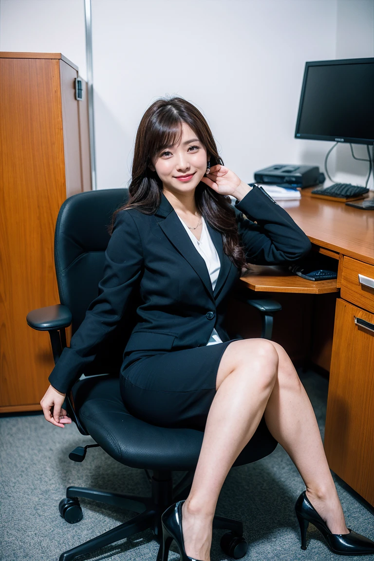 Highest quality, flying debris, Realistic, High resolution, 8k　RAW Photos,alone, One Girl, 30 years old、sitting in an office chair、smile、Spread your legs wide、suit、High heels