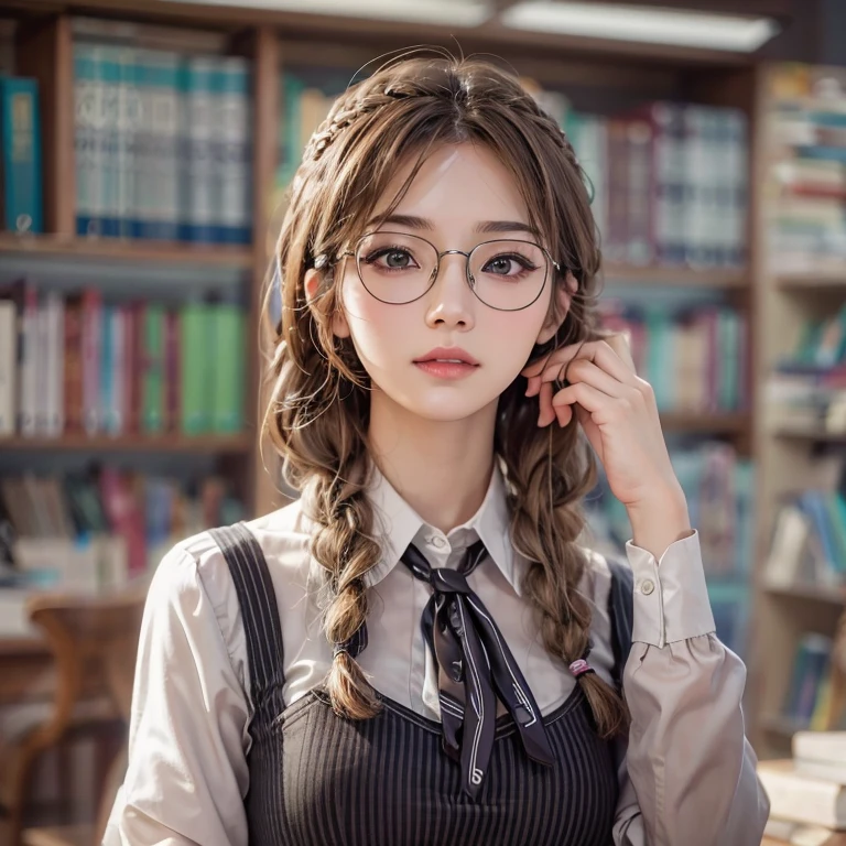 librarian in the library、Neat and clean appearance、White blouse、Tight Skirt、Glasses(masterpiece:1.3), (8k, Realistic, RAW Photos, Best image quality: 1.4), Japanese 、26 years old,(Random Hairstyles:1.2)、Cleavage:1.2、Highly detailed face、Attention to detail、double eyelid、Chest to chest、Sharp focus:1.2、Beautiful woman:1.4、Light brown hair、Highest quality、masterpiece、Ultra-high resolution、(Realistic:1.4)、Highly detailed and professionally lit smiles、She is looking for a book、Braiding、Looking back