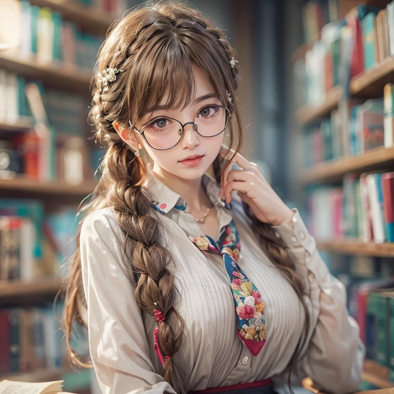 librarian in the library、Neat and clean appearance、White blouse、Tight Skirt、Glasses(masterpiece:1.3), (8k, Realistic, RAW Photos, Best image quality: 1.4), Japanese 、26 years old,(Random Hairstyles:1.2)、Cleavage:1.2、Highly detailed face、Attention to detail、double eyelid、Chest to chest、Sharp focus:1.2、Beautiful woman:1.4、Light brown hair、Highest quality、masterpiece、Ultra-high resolution、(Realistic:1.4)、Highly detailed and professionally lit smiles、She is looking for a book、Braiding、Looking back