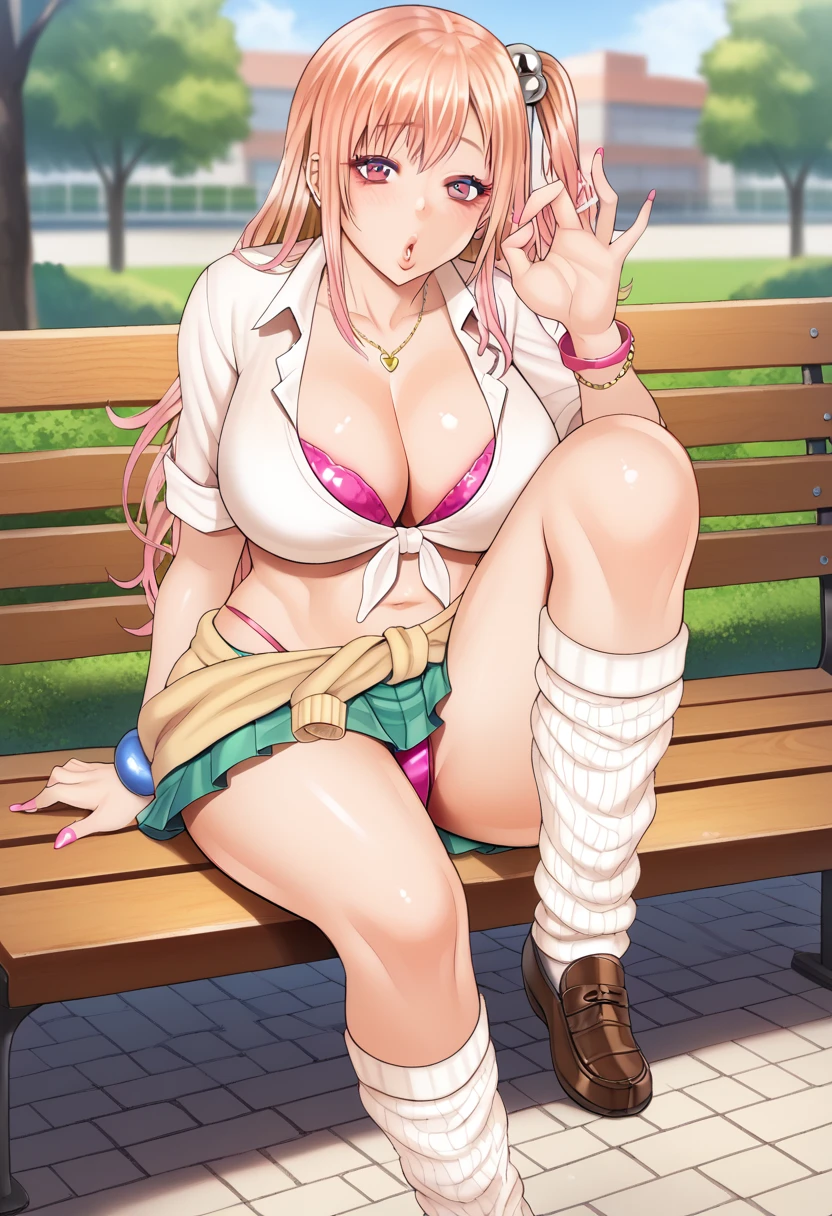 Score_9, score_8_up, score_7_up, score_6_up, source_anime, (honoka\(DOA\)), gyaru, slutty_clothes, sitting on bench, (knee up), cowboy shot, fellatio gesture, heart, 1girl, solo, looking at viewer, blush, parted lips, gyaru, front-tie top, pleated skirt, green skirt, white leg warmers, loose socks, loafers, clothes around waist, bracelet, curvy, voluptuous, large breasts, cleavage, midriff, outdoors, park, on bench, day, tree,