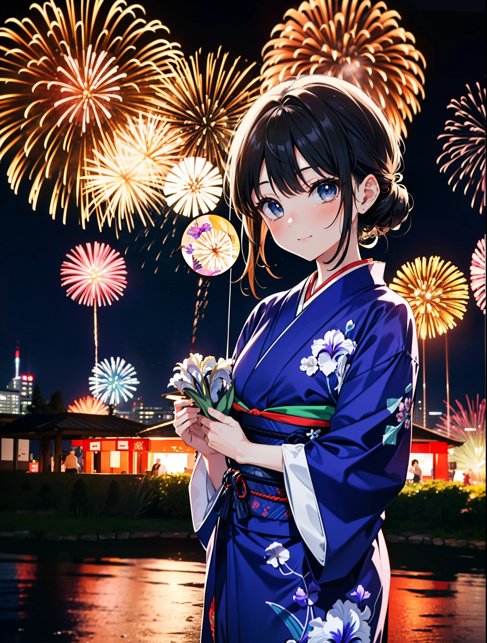 mioakiyama, My Akiyama, Long Hair, bangs, Black Hair, (Iris:1.3), Hime cut,blush,smile,hair tied back,Flower Hair Ornaments,Black yukata,Japanese Festivals，Summer festival food stalls、Red lantern,Fireworks in the night sky,Fireworks,The place is a fireworks display,Time is night,sunny day,whole bodyがイラストに入るように
break outdoors, shrine,
break looking at viewer, whole body,(Cowboy Shot:1.5),
break (masterpiece:1.2), Highest quality, High resolution, unity 8k wallpaper, (figure:0.8), (Beautiful attention to detail:1.6), Highly detailed face, Perfect lighting, Highly detailed CG, (Perfect hands, Perfect Anatomy),