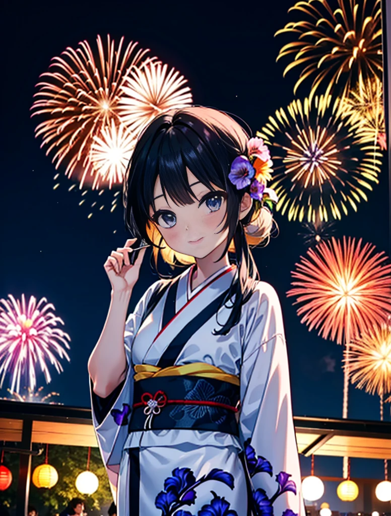 mioakiyama, My Akiyama, Long Hair, bangs, Black Hair, (Iris:1.3), Hime cut,blush,smile,hair tied back,Flower Hair Ornaments,Black yukata,Japanese Festivals，Summer festival food stalls、Red lantern,Fireworks in the night sky,Fireworks,The place is a fireworks display,Time is night,sunny day,whole bodyがイラストに入るように
break outdoors, shrine,
break looking at viewer, whole body,(Cowboy Shot:1.5),
break (masterpiece:1.2), Highest quality, High resolution, unity 8k wallpaper, (figure:0.8), (Beautiful attention to detail:1.6), Highly detailed face, Perfect lighting, Highly detailed CG, (Perfect hands, Perfect Anatomy),