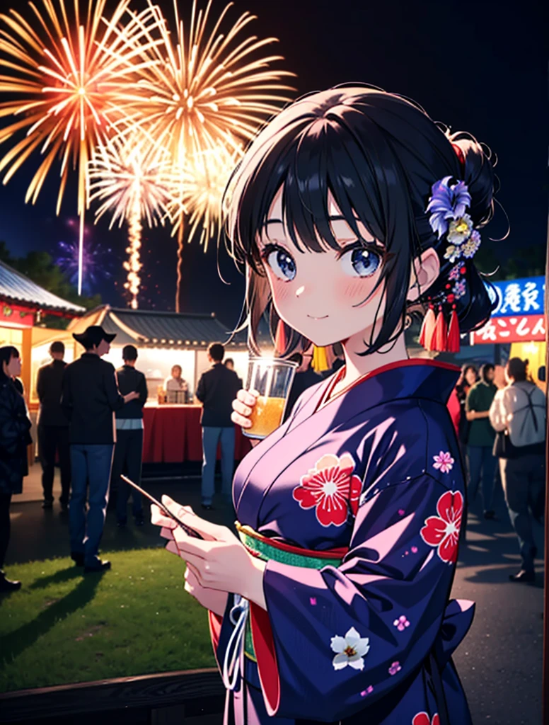 mioakiyama, My Akiyama, Long Hair, bangs, Black Hair, (Iris:1.3), Hime cut,blush,smile,hair tied back,Flower Hair Ornaments,Black yukata,Japanese Festivals，Summer festival food stalls、Red lantern,Fireworks in the night sky,Fireworks,The place is a fireworks display,Time is night,sunny day,whole bodyがイラストに入るように
break outdoors, shrine,
break looking at viewer, whole body,(Cowboy Shot:1.5),
break (masterpiece:1.2), Highest quality, High resolution, unity 8k wallpaper, (figure:0.8), (Beautiful attention to detail:1.6), Highly detailed face, Perfect lighting, Highly detailed CG, (Perfect hands, Perfect Anatomy),