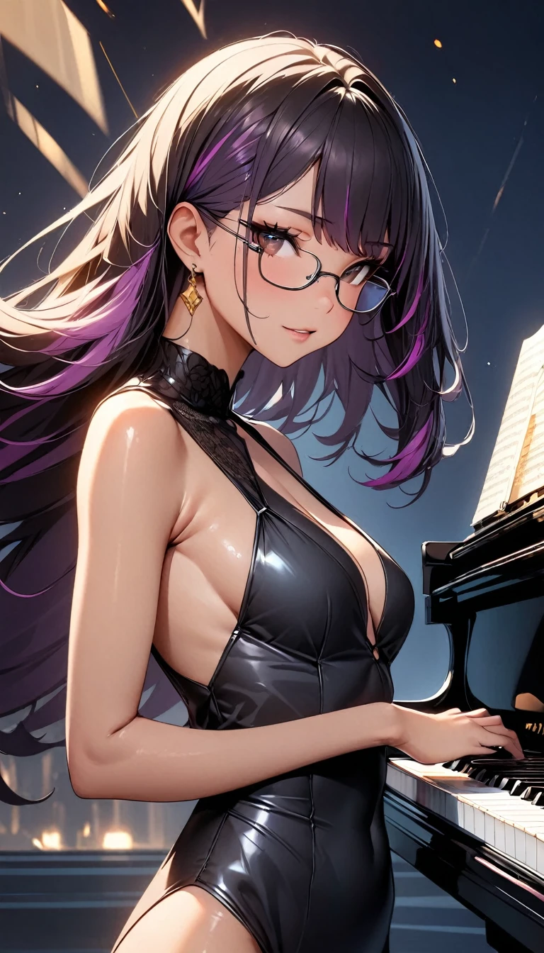 (highest quality:1.2, Very detailed, up to date, Vibrant, Ultra-high resolution, High Contrast, masterpiece:1.2, highest quality, Best aesthetics), Portraiture、girl、((25-years-old:1)), (black evening dress:1.3), Bright colors、Beautiful fine details、Beautiful lip detail, long hair、black and purple ((streaked hair:1.6)), highlights hair: 1.5, brown eyes, glasses, gold earrings, ((slim body:1.4)), (small breast:0.7), (dark skin:0.5), (sitting and playing the grand piano:1), side view, (cowboy shot:1.5),