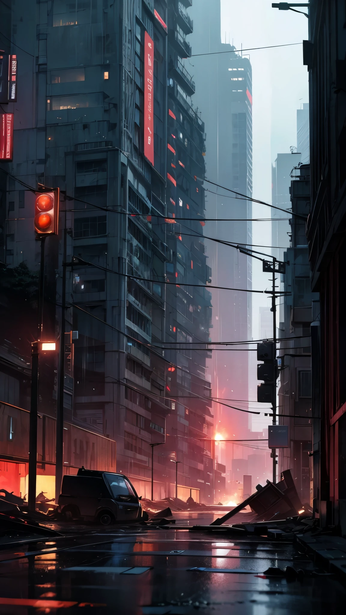 ultra detailed, intricate details, BREAK,  war, battlefield, street, city, cyberpunk, scifi, neon, ruined buildings, destroyed buildings, ruins, explosions, night, raining, 
