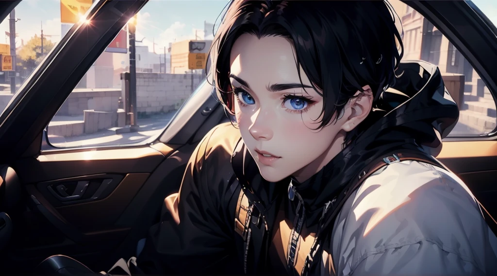 1 handsome boy driving car chasing another car and passes very fast, male, third person view, splash art, 8k, ridiculous resolution