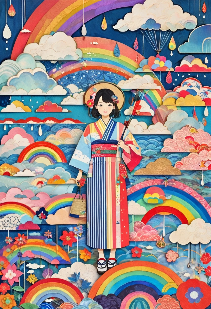 (masterpiece, best quality),
woodblock print collage depicting,american girl, girl holding up her bow as she is surrounded by various archery raindrop and cloud symbols,yukata,natsumatsuri, cumulonimbus cloud,in rainbow colors, collage art, contemporary artistic collage,