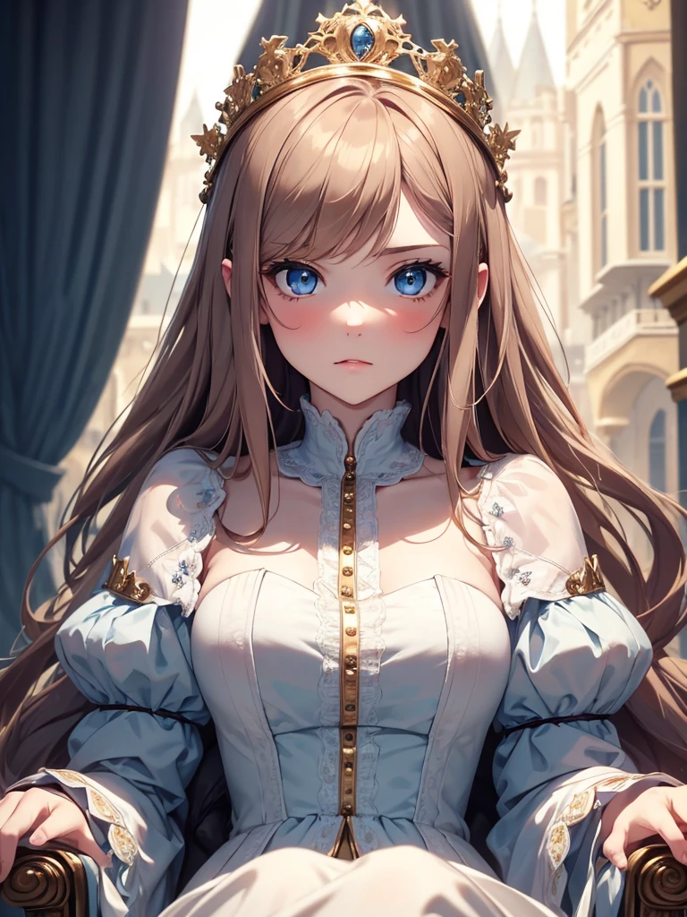 (8K, Best Quality, Masterpiece, Ultra High Resolution) Single Person, 1 Woman, Cute Eyes, Face Details, Pale Skin, Slender, Blush, Brunette Hair, Long Hair, Blue Eyes, Royal Clothing, Sitting on Throne, Castle, Best Quality, Upper Body, Looking at the Viewer, Facing Viewer, Close Up