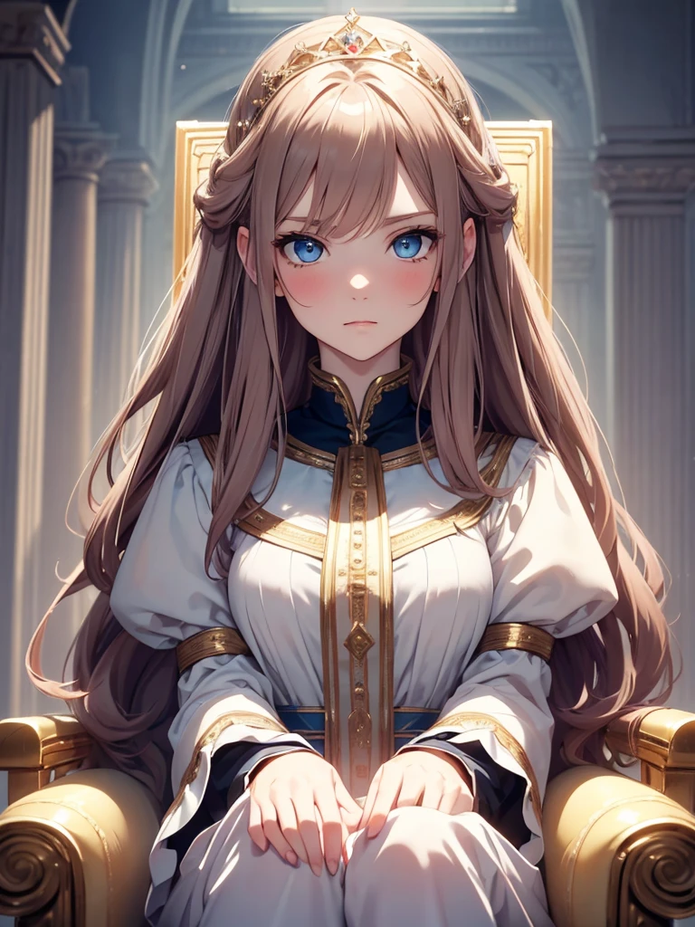 (8K, Best Quality, Masterpiece, Ultra High Resolution) Single Person, 1 Woman, Cute Eyes, Face Details, Pale Skin, Slender, Blush, Brunette Hair, Long Hair, Blue Eyes, Royal Clothing, Sitting on Throne, Castle, Best Quality, Upper Body, Looking at the Viewer, Facing Viewer, Close Up
