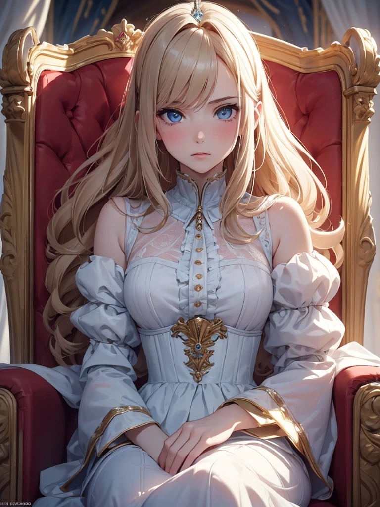 (8K, Best Quality, Masterpiece, Ultra High Resolution) Single Person, 1 Woman, Cute Eyes, Face Details, Pale Skin, Slender, Blush, Brunette Hair, Long Hair, Blue Eyes, Royal Clothing, Sitting on Throne, Castle, Best Quality, Upper Body, Looking at the Viewer, Facing Viewer, Close Up