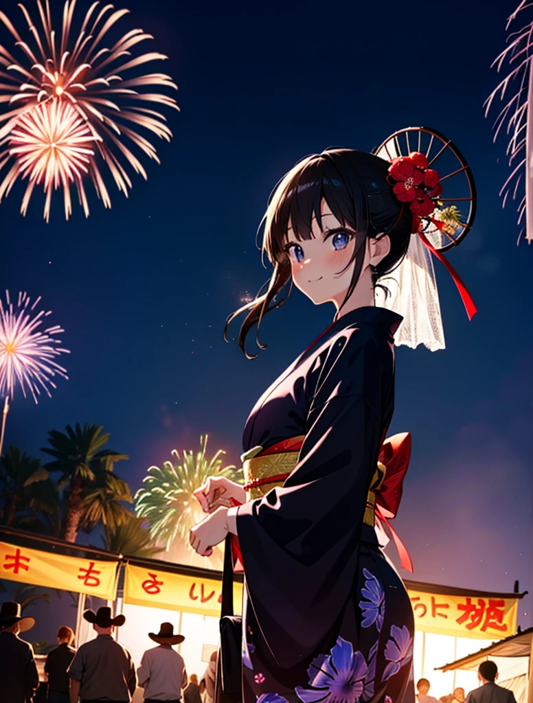 mioakiyama, My Akiyama, Long Hair, bangs, Black Hair, (Iris:1.3), Hime cut,blush,smile,hair tied back,Flower Hair Ornaments,Black yukata,Japanese Festivals，Summer festival food stalls、Red lantern,Fireworks in the night sky,Fireworks,The place is a fireworks display,Time is night,sunny day,whole bodyがイラストに入るように
break outdoors, shrine,
break looking at viewer, whole body,(Cowboy Shot:1.5),
break (masterpiece:1.2), Highest quality, High resolution, unity 8k wallpaper, (figure:0.8), (Beautiful attention to detail:1.6), Highly detailed face, Perfect lighting, Highly detailed CG, (Perfect hands, Perfect Anatomy),