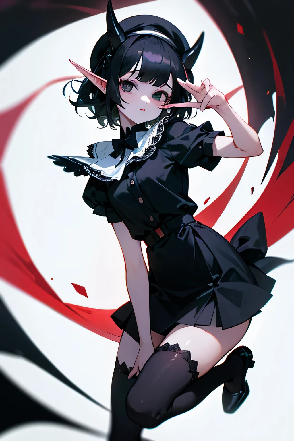 ((Best quality)), 1 girl, with short black hair,black eyes with white highlights,white skin,devil horns and little devil tail,with elf ears,with a beret on his head,in a black shirt with short sleeves and a white lace collar with a bow,in a short black skirt with a white hem,in black tights,black slippers,looks at the camera and waves