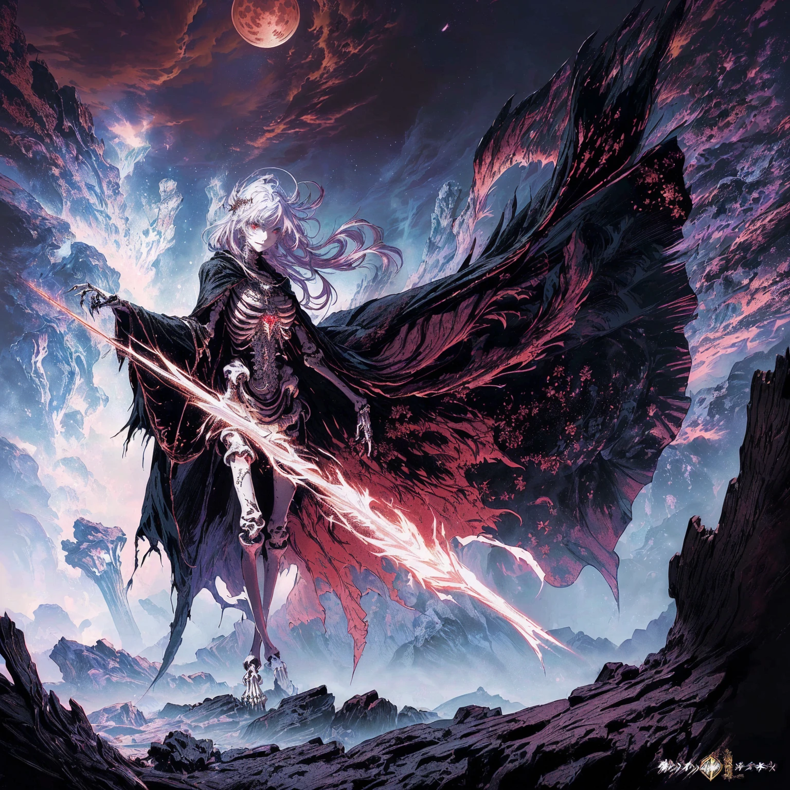 Anime character standing in a rocky area holding a sword, Detailed cover design, Anime epic artwork, detailed key anime art, Noah Bradley. Clear focus, dark fantasy artwork, Anime Fantasy Artwork, Official artwork with high detail, Dark Witch Panorama, Fractal Thunder by Dan Mumford, Eric of Melniborn, Lich Vecna (d&d), (full body:1.5), (wide shot:1.2), best quality, 4K, high resolution, (masterpiece:1.2), Very detailed, (current:1.37), (anatomically correct:1.2), Mood lighting, An undead girl in a long cape, black hair, Whole body including hands & arms & Legs & feet are all skeleton bones but except the head is still beautiful human face, Wearing a ragged gothic skirt, Shaded expression, Aloofness emotion, Dangerous sneer, beautiful but cruel smile, Facing the camera, Crucified, Pitch black sky, Blood-red moon, strange atmosphere, Gothic style, Unforgettable beauty, Dramatic shadows, Ethereal Light, Mysterious atmosphere